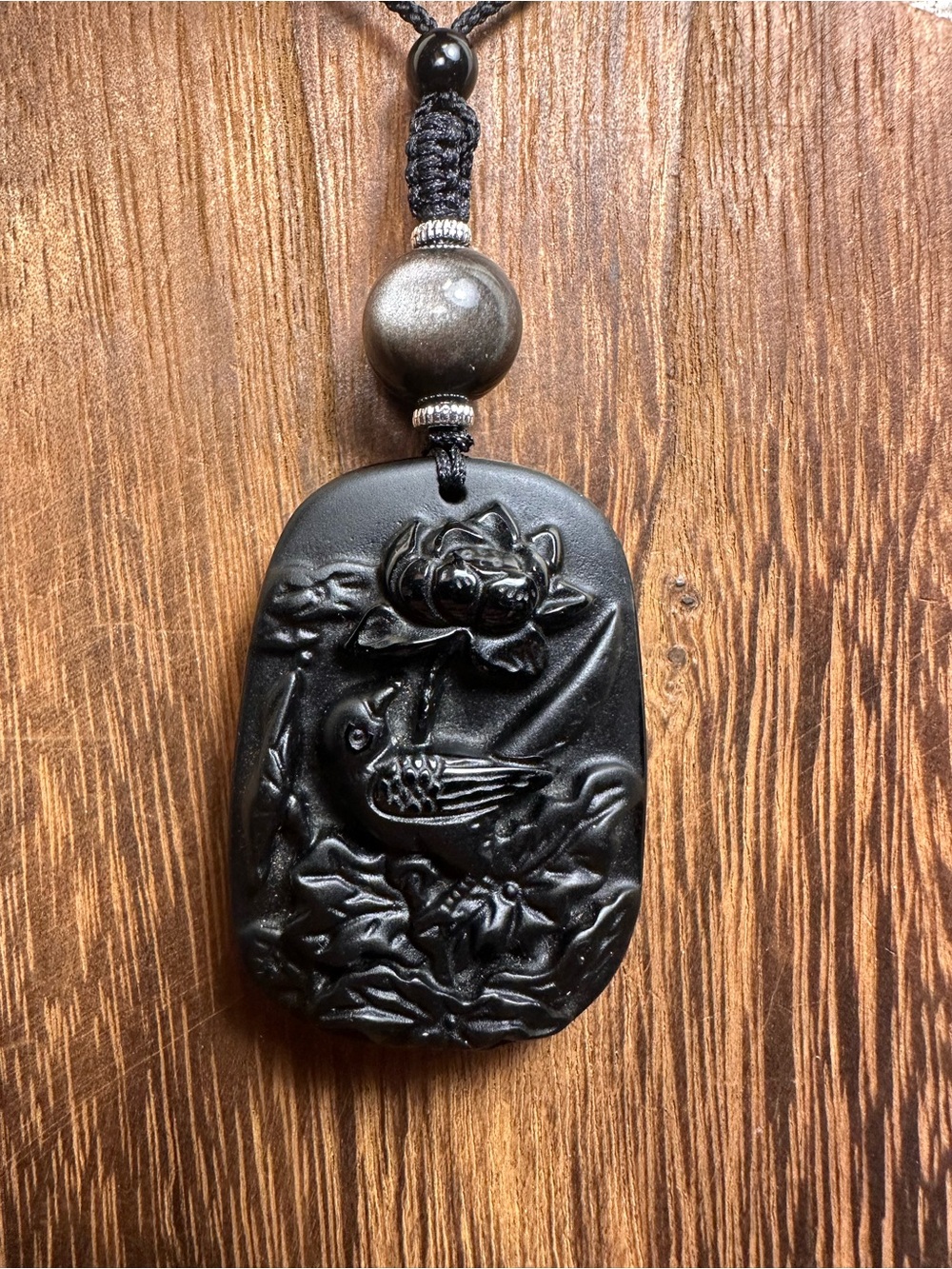 Obsidian Bird and Lotus Carving Pendant Necklace on Black Adjustable Rope - Picture 2 of 10